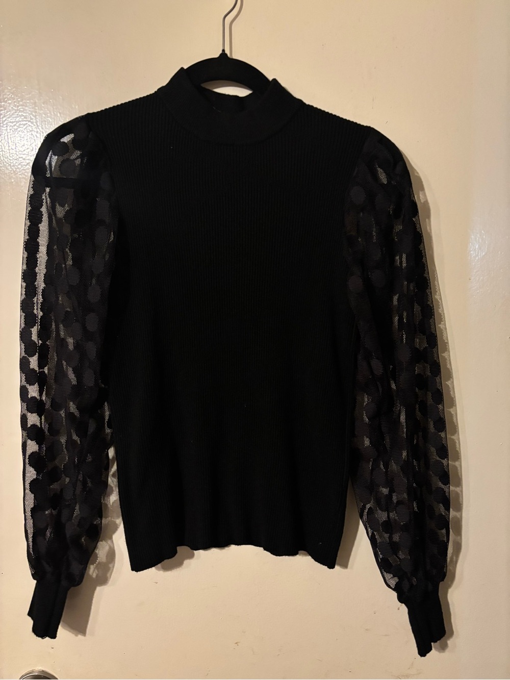 Black Mock Neck Sweater Top with Sheer Polka Dot Puff Sleeves